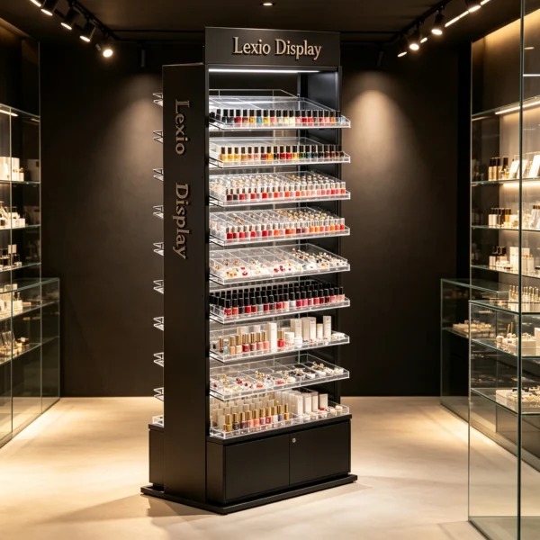 Tall Black Freestanding Multi-Tier Acrylic Nail Polish Display Rack With LED Lighting & Lockable Base Cabinet | Custom Vertical Beauty Merchandising Stand for Salons & Retail Shops