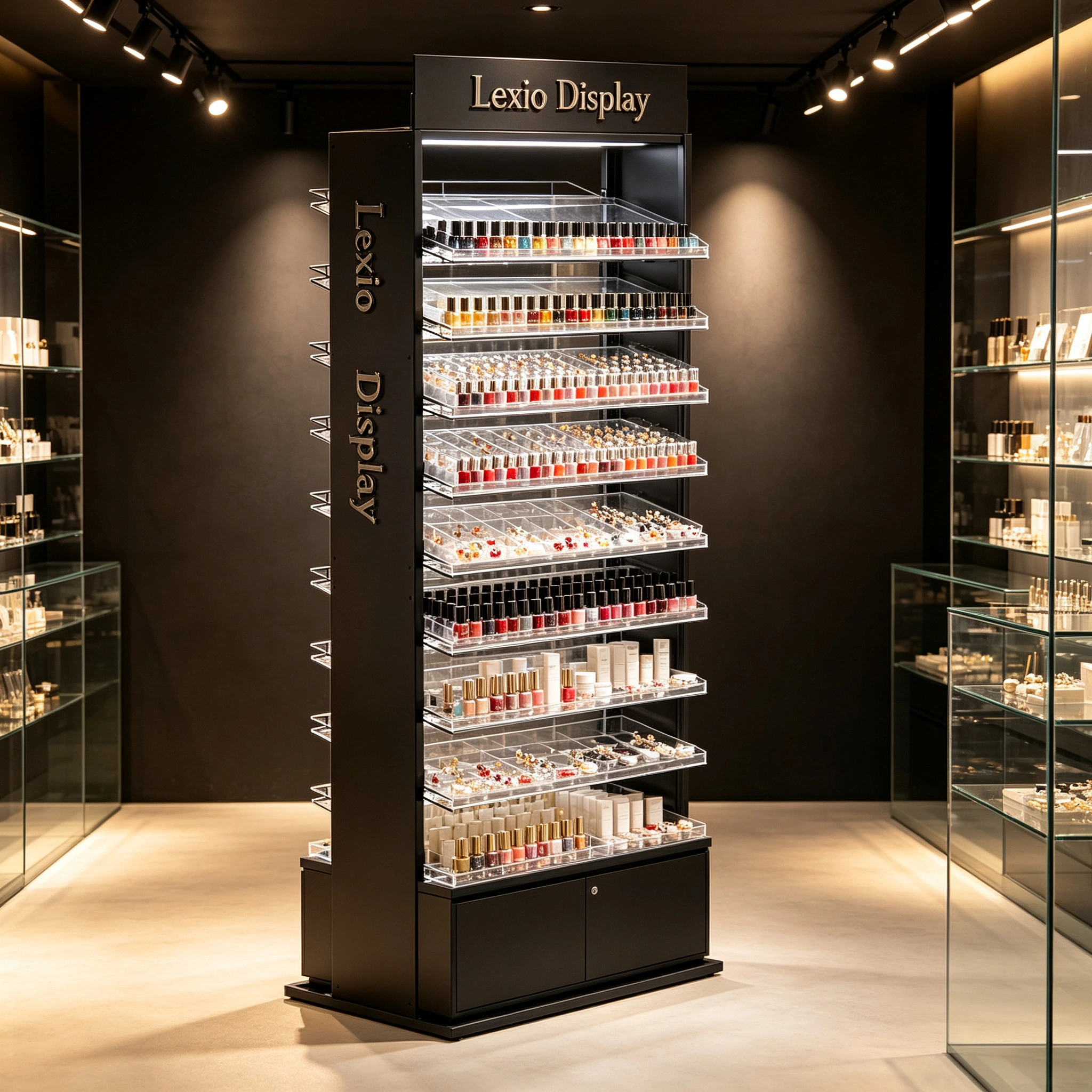 Tall Black Freestanding Multi-Tier Acrylic Nail Polish Display Rack With LED Lighting & Lockable Base Cabinet | Custom Vertical Beauty Merchandising Stand for Salons & Retail Shops