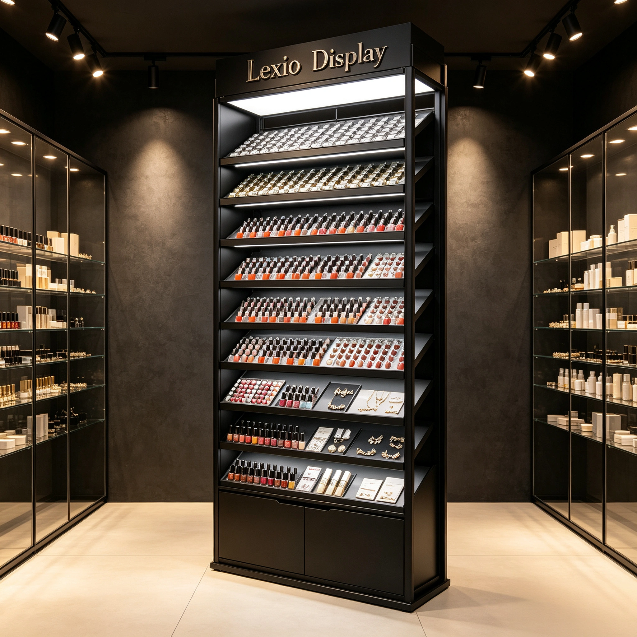 Dark Luxury Freestanding LED Lipstick & Nail Polish Display Cabinet | Multi-Tier Vertical Cosmetic Display Tower With Storage Cabinets