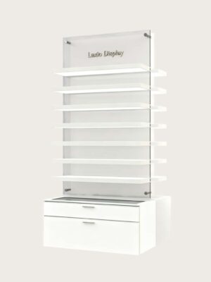 optical cabinets (1) Wall Mounted LED Floating Shelf Display Unit | Acrylic Back Panel Eyewear Retail Wall Cabinet With Storage Drawer Base For Optical Shops