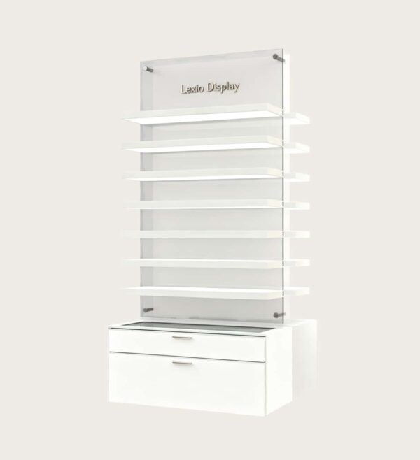 Wall Mounted LED Floating Shelf Display Unit | Acrylic Back Panel Eyewear Retail Wall Cabinet With Storage Drawer Base For Optical Shops