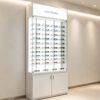 Tall White Freestanding Glass Display Cabinet | LED Top Lighting Lockable Glass Showcase With Adjustable Shelves, Embossed Brand Logo & Double Door Storage Base For Eyewear, Jewelry & Retail Merchandise