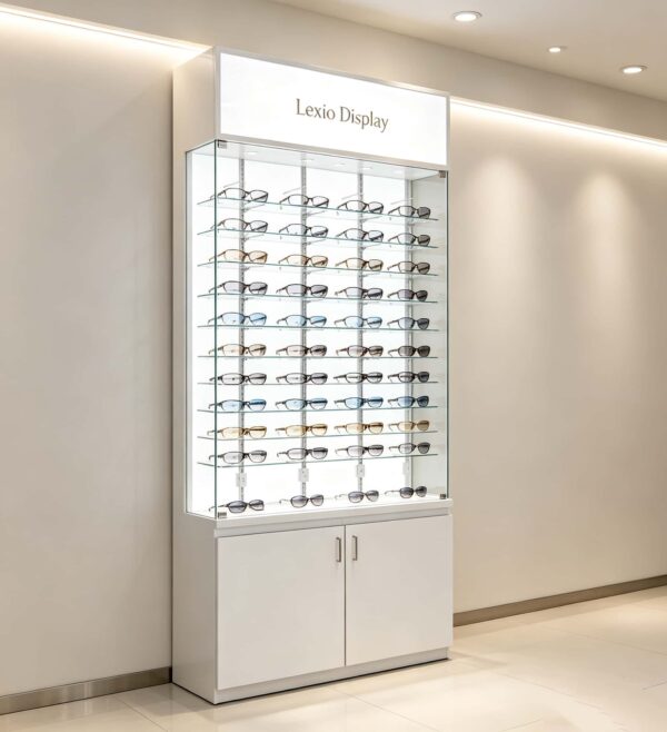 Tall White Freestanding Glass Display Cabinet | LED Top Lighting Lockable Glass Showcase With Adjustable Shelves, Embossed Brand Logo & Double Door Storage Base For Eyewear, Jewelry & Retail Merchandise