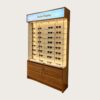 optical cabinets (11) Wood Grain Lockable Glass Eyewear Display Cabinet | LED Lighted Tall Sunglasses Showcase With Top Backlit Logo Sign & Lower Secure Storage Cupboard For Optical Retail Shops
