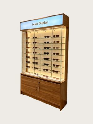 optical cabinets (11) Wood Grain Lockable Glass Eyewear Display Cabinet | LED Lighted Tall Sunglasses Showcase With Top Backlit Logo Sign & Lower Secure Storage Cupboard For Optical Retail Shops