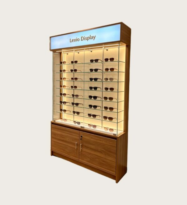 optical cabinets (11) Wood Grain Lockable Glass Eyewear Display Cabinet | LED Lighted Tall Sunglasses Showcase With Top Backlit Logo Sign & Lower Secure Storage Cupboard For Optical Retail Shops