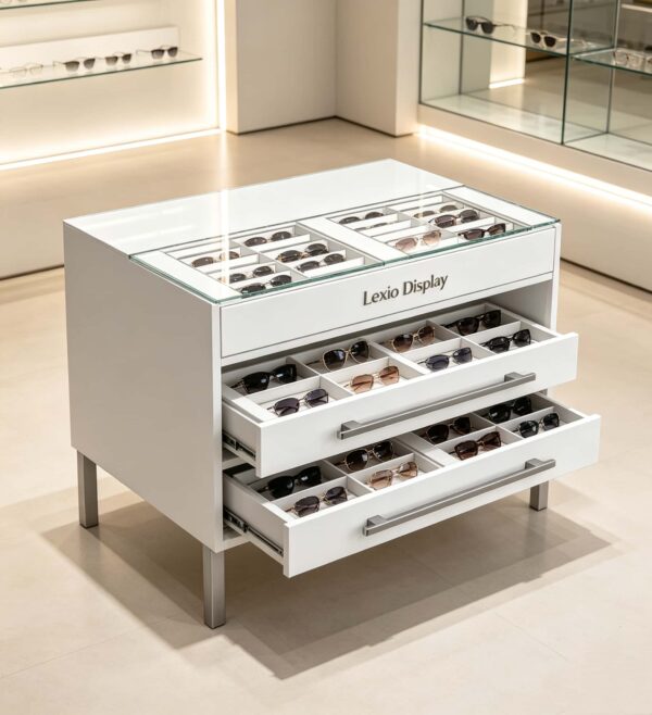 Multi-Drawer Eyewear Storage Counter | Glass Top Sunglasses Display Chest With Divided Compartments For Optical Shop Central Merchandising