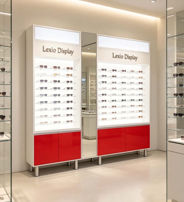 Two-Tone Red & White Modular Eyewear Wall Display Unit Sunglasses & Optical Display Cabinets