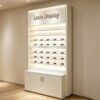 Cream Freestanding LED Sunglasses Display Cabinet | Vertical Single Unit Eyewear Wall Showcase With 3D Brand Logo & Bottom Lockable Storage Cabinet For Small Optical Shops