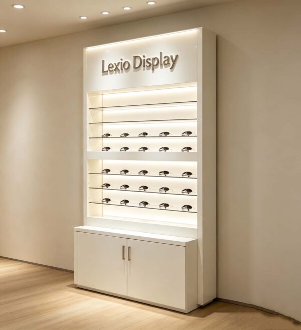 Cream Freestanding LED Sunglasses Display Cabinet | Vertical Single Unit Eyewear Wall Showcase With 3D Brand Logo & Bottom Lockable Storage Cabinet For Small Optical Shops