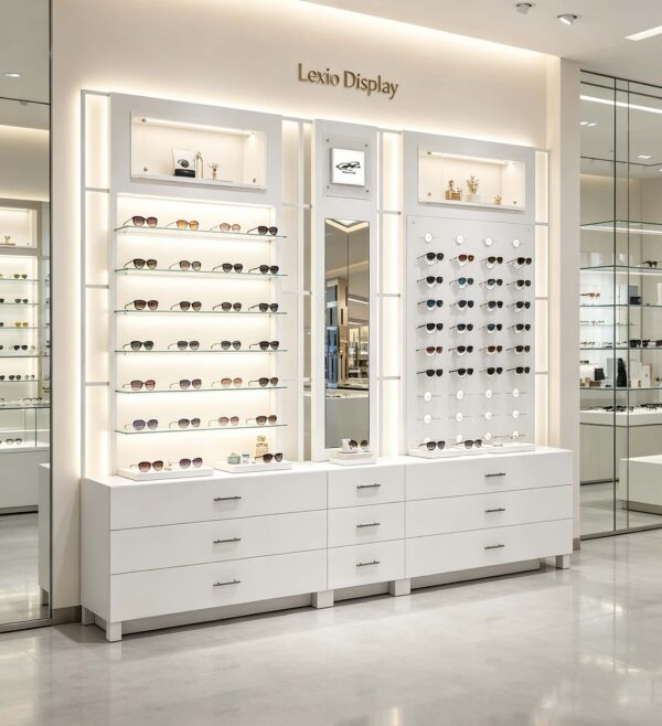 Custom Full White Modular Eyewear Wall Display System | LED Lit Multi-Style Optical Frame & Sunglasses Display Wall With Central Mirror, Large Drawer Storage Base & Decor Niche Shelves For Optical Shop Interior Design