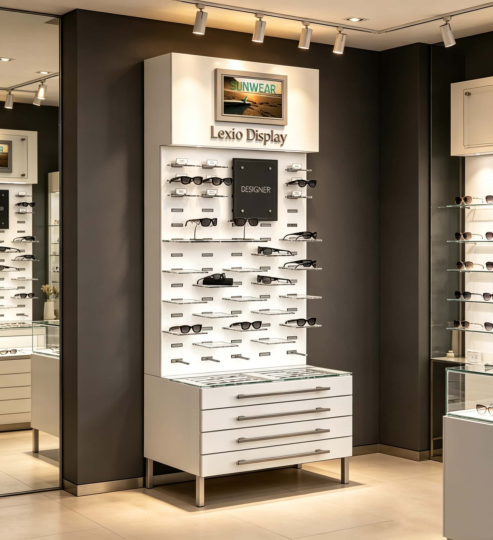 Freestanding Designer Sunglasses Display Tower | Backlit Vertical Eyewear Display Stand With Adjustable Peg Hooks, Brand Signage Area, Digital Photo Frame & Multi-Drawer Storage Base For Boutique Optical Stores
