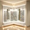 L-Shaped Corner LED Sunglasses Display Wall Unit | Recessed Backlit Eyewear Wall Cabinet With Decor Mirrors, Custom 3D Logo & Locked Drawer Base For Modern Optical Store Interior Design