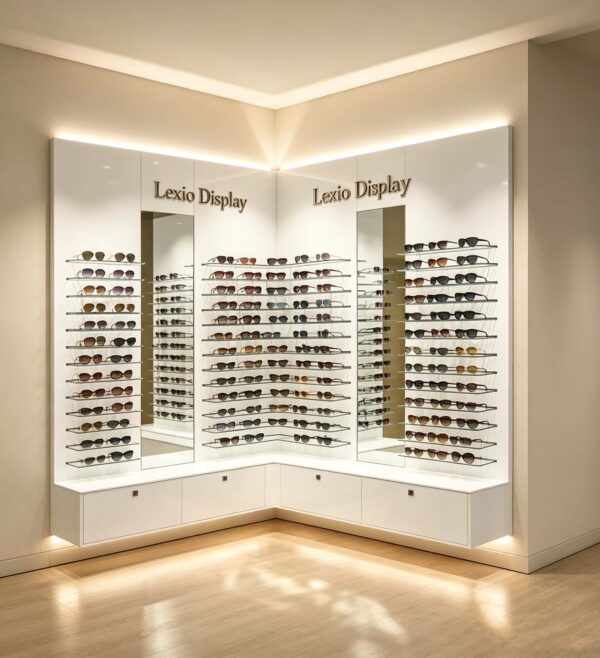 L-Shaped Corner LED Sunglasses Display Wall Unit | Recessed Backlit Eyewear Wall Cabinet With Decor Mirrors, Custom 3D Logo & Locked Drawer Base For Modern Optical Store Interior Design