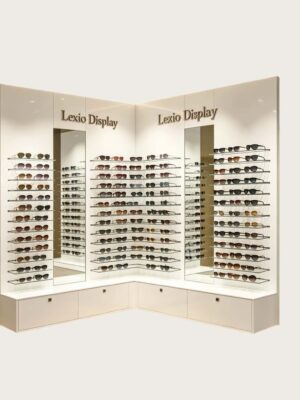 optical cabinets (2) L-Shaped Corner LED Sunglasses Display Wall Unit | Recessed Backlit Eyewear Wall Cabinet With Decor Mirrors, Custom 3D Logo & Locked Drawer Base For Modern Optical Store Interior Design