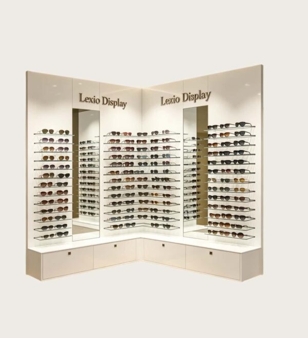 L-Shaped Corner LED Sunglasses Display Wall Unit | Recessed Backlit Eyewear Wall Cabinet With Decor Mirrors, Custom 3D Logo & Locked Drawer Base For Modern Optical Store Interior Design
