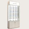 optical cabinets (20) Custom White Tall Lockable Glass Eyewear Display Case | LED Illuminated Vertical Optical Frame Showcase With Bottom Storage Cabinet & Top Backlit Logo Panel For Optician Shops