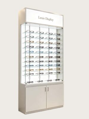 optical cabinets (20) Custom White Tall Lockable Glass Eyewear Display Case | LED Illuminated Vertical Optical Frame Showcase With Bottom Storage Cabinet & Top Backlit Logo Panel For Optician Shops