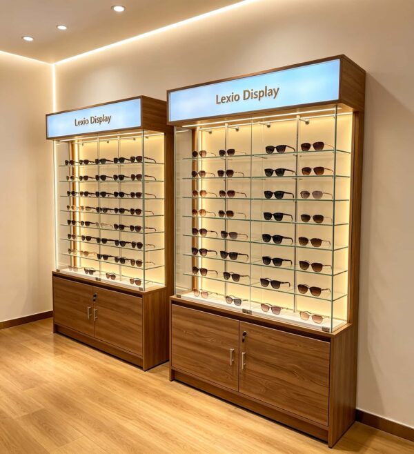 optical cabinets (21) Wood Grain Lockable Glass Eyewear Display Cabinet | LED Lighted Tall Sunglasses Showcase With Top Backlit Logo Sign & Lower Secure Storage Cupboard For Optical Retail Shops