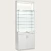 Tall White Freestanding Glass Display Cabinet | LED Top Lighting Lockable Glass Showcase With Adjustable Shelves, Embossed Brand Logo & Double Door Storage Base For Eyewear, Jewelry & Retail Merchandise