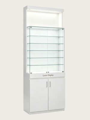 optical cabinets (24) Tall White Freestanding Glass Display Cabinet | LED Top Lighting Lockable Glass Showcase With Adjustable Shelves, Embossed Brand Logo & Double Door Storage Base For Eyewear, Jewelry & Retail Merchandise