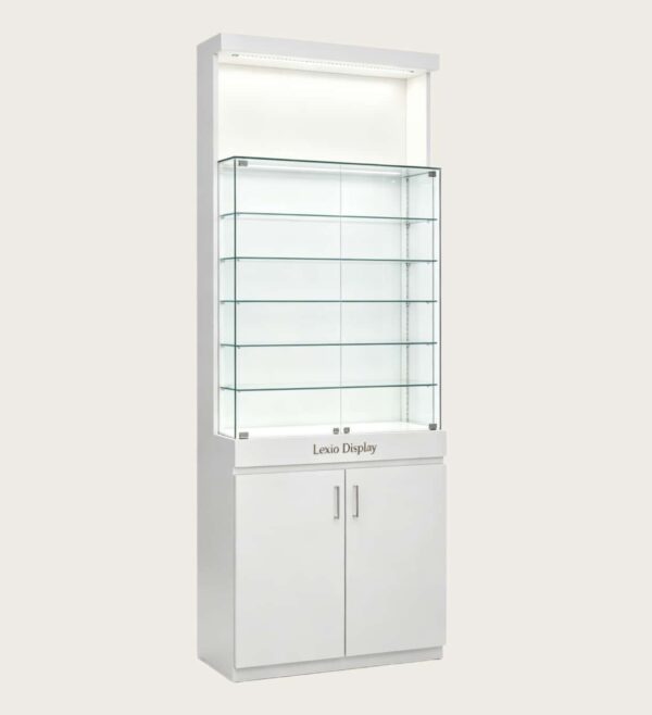 Tall White Freestanding Glass Display Cabinet | LED Top Lighting Lockable Glass Showcase With Adjustable Shelves, Embossed Brand Logo & Double Door Storage Base For Eyewear, Jewelry & Retail Merchandise