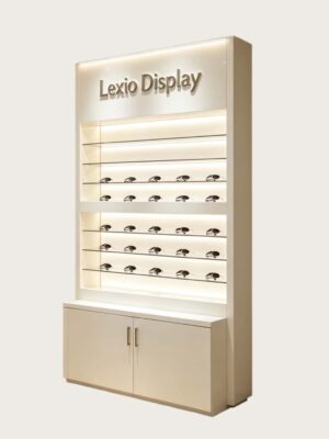 optical cabinets (26) Cream Freestanding LED Sunglasses Display Cabinet | Vertical Single Unit Eyewear Wall Showcase With 3D Brand Logo & Bottom Lockable Storage Cabinet For Small Optical Shops