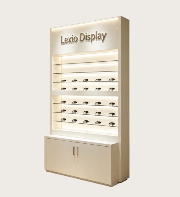 Cream Freestanding LED Sunglasses Display Cabinet | Vertical Single Unit Eyewear Wall Showcase With 3D Brand Logo & Bottom Lockable Storage Cabinet For Small Optical Shops