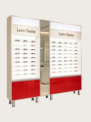 optical cabinets (27) Two-Tone Red & White Modular Eyewear Wall Display Unit Sunglasses & Optical Display Cabinets