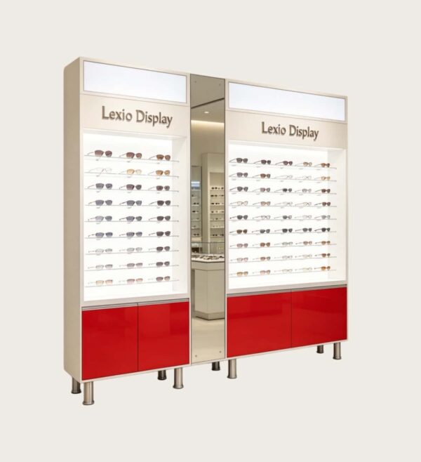 Two-Tone Red & White Modular Eyewear Wall Display Unit Sunglasses & Optical Display Cabinets
