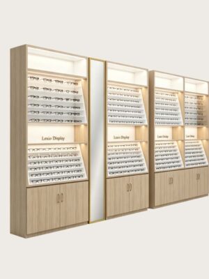 optical cabinets (29) Modular Light Wood Eyewear Display Wall System | LED Backlit Freestanding Optical Frame & Sunglasses Display Cabinets With Central Full-Length Mirror & Bottom Lockable Storage For Optical Shop Layout Design