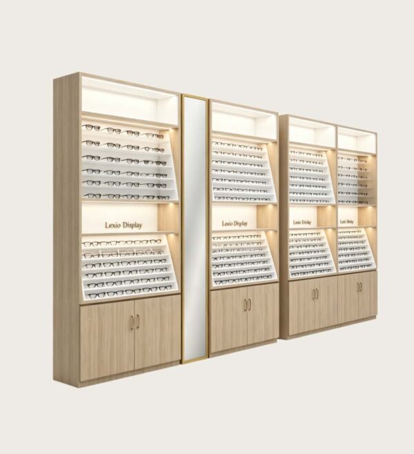 Modular Light Wood Eyewear Display Wall System | LED Backlit Freestanding Optical Frame & Sunglasses Display Cabinets With Central Full-Length Mirror & Bottom Lockable Storage For Optical Shop Layout Design