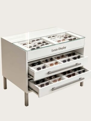 optical cabinets (3) Multi-Drawer Eyewear Storage Counter | Glass Top Sunglasses Display Chest With Divided Compartments For Optical Shop Central Merchandising