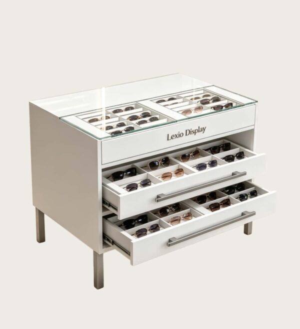 Multi-Drawer Eyewear Storage Counter | Glass Top Sunglasses Display Chest With Divided Compartments For Optical Shop Central Merchandising