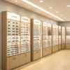 Modular Light Wood Eyewear Display Wall System | LED Backlit Freestanding Optical Frame & Sunglasses Display Cabinets With Central Full-Length Mirror & Bottom Lockable Storage For Optical Shop Layout Design