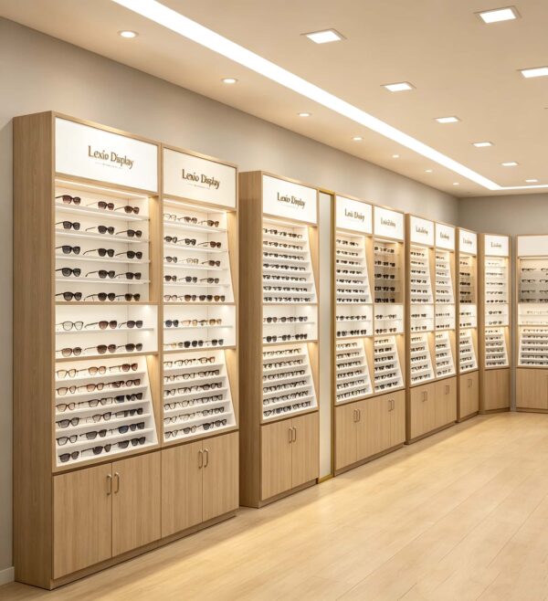 Modular Light Wood Eyewear Display Wall System | LED Backlit Freestanding Optical Frame & Sunglasses Display Cabinets With Central Full-Length Mirror & Bottom Lockable Storage For Optical Shop Layout Design