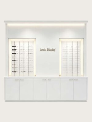 optical cabinets (31) Minimalist All-White Built-In Eyewear Display Wall Unit | LED Recessed Optical Frame Display Racks With Central Brand Logo Panel & Base Storage Cabinets For Premium Optical Store Interior