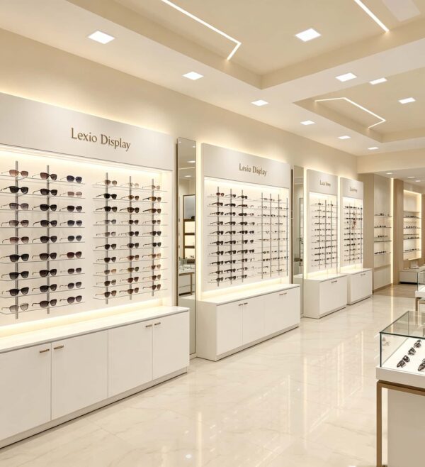 Minimalist All-White Built-In Eyewear Display Wall Unit | LED Recessed Optical Frame Display Racks With Central Brand Logo Panel & Base Storage Cabinets For Premium Optical Store Interior