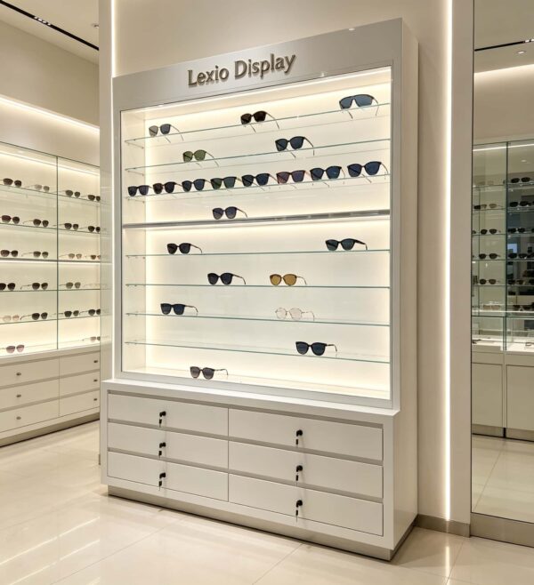 optical cabinets (34) Custom White LED Glass Eyewear Display Cabinet | Freestanding Optical Showcase With 6 Storage