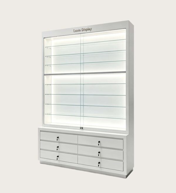 optical cabinets (35) Custom White LED Glass Eyewear Display Cabinet | Freestanding Optical Showcase With 6 Storage