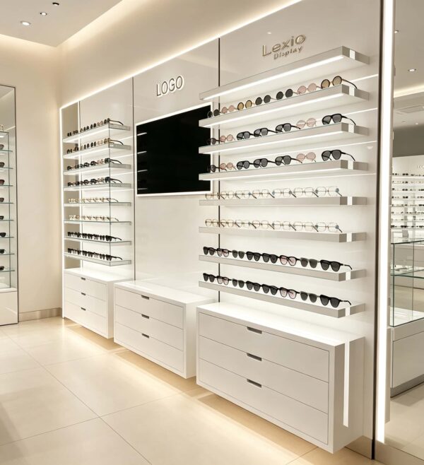 Modern Glossy White Wall Eyewear Display Wall | LED Lit Adjustable Glass Shelving Optical Display Unit With Central Digital Screen & Multi-Drawer Base Cabinets For Contemporary Optical Shop Fit-Out