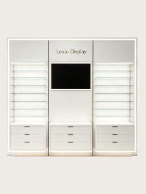 optical cabinets (39) Modern Glossy White Wall Eyewear Display Wall | LED Lit Adjustable Glass Shelving Optical Display Unit With Central Digital Screen & Multi-Drawer Base Cabinets For Contemporary Optical Shop Fit-Out