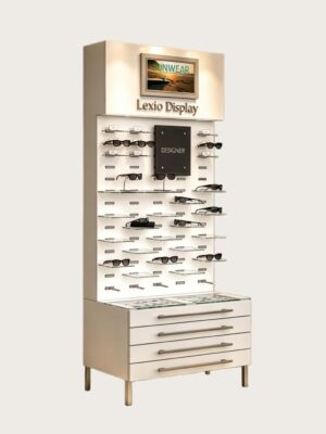 optical cabinets (4) Freestanding Designer Sunglasses Display Tower | Backlit Vertical Eyewear Display Stand With Adjustable Peg Hooks, Brand Signage Area, Digital Photo Frame & Multi-Drawer Storage Base For Boutique Optical Stores