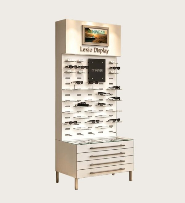 Freestanding Designer Sunglasses Display Tower | Backlit Vertical Eyewear Display Stand With Adjustable Peg Hooks, Brand Signage Area, Digital Photo Frame & Multi-Drawer Storage Base For Boutique Optical Stores