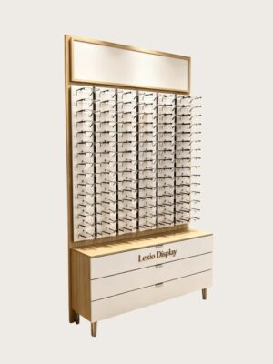 optical cabinets (5) Wood Trim Pegboard Eyeglass Frame Wall Display Cabinet | Tall Optical Shop Eyewear Hanging Rack With Large Drawer Base Storage