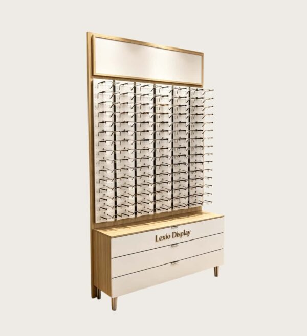 Wood Trim Pegboard Eyeglass Frame Wall Display Cabinet | Tall Optical Shop Eyewear Hanging Rack With Large Drawer Base Storage