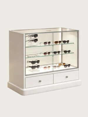 optical cabinets (6) Lockable Glass Display Counter Cabinet | White Illuminated Sunglasses Showcase With Drawer Base For Optical & Eyewear Retail Stores