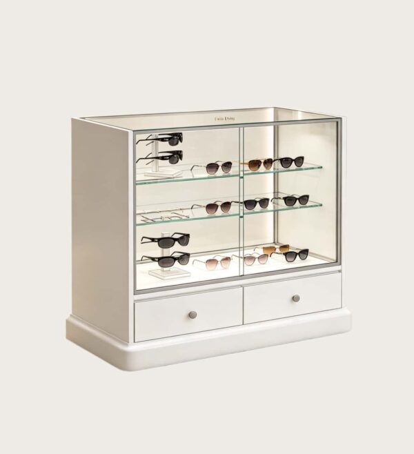 Lockable Glass Display Counter Cabinet | White Illuminated Sunglasses Showcase With Drawer Base For Optical & Eyewear Retail Stores