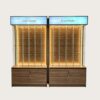 optical cabinets (9) Wood Grain Lockable Glass Eyewear Display Cabinet | LED Lighted Tall Sunglasses Showcase With Top Backlit Logo Sign & Lower Secure Storage Cupboard For Optical Retail Shops