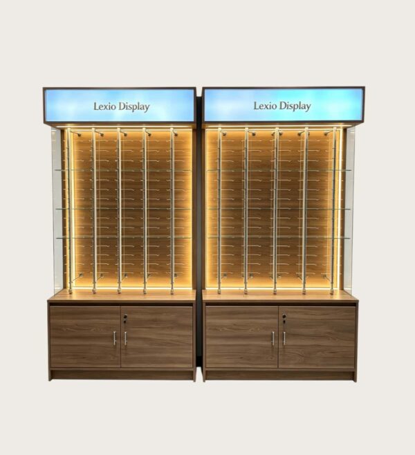 optical cabinets (9) Wood Grain Lockable Glass Eyewear Display Cabinet | LED Lighted Tall Sunglasses Showcase With Top Backlit Logo Sign & Lower Secure Storage Cupboard For Optical Retail Shops